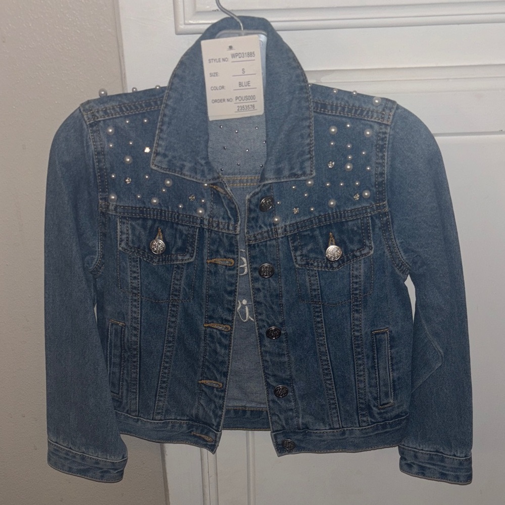Blue Denim Kids Jacket with pearl and crystal Details